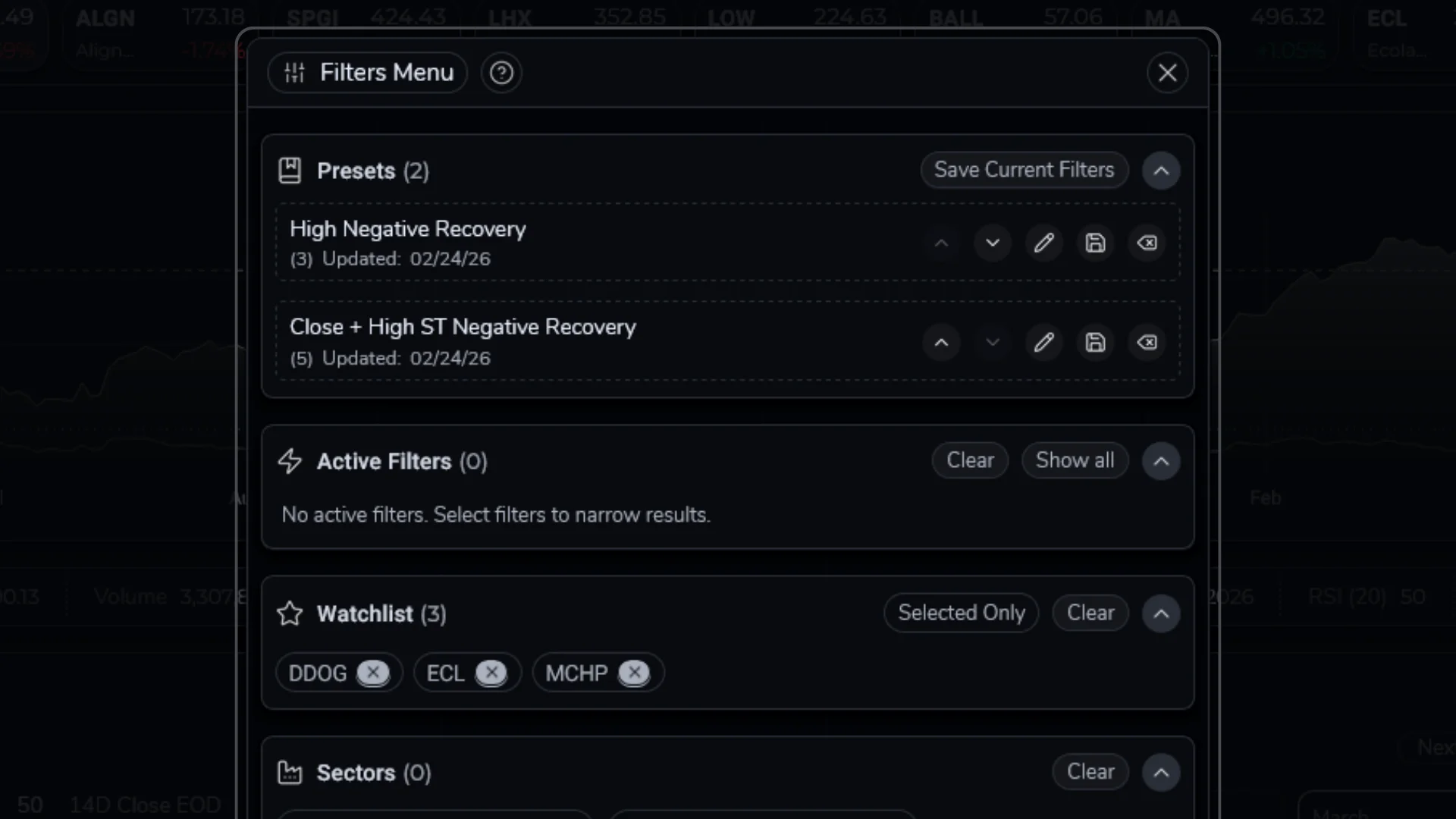 Docs Filters Menu